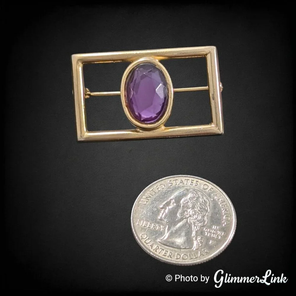 Vintage Art Deco Style Purple Acrylic Stone Openwork Gold Tone Rectangle Brooch